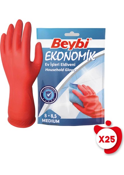 Ekonomik Ev Işleri ve Bulaşık Eldiveni 8-8,5 Beden Kırmızı 25 Adet