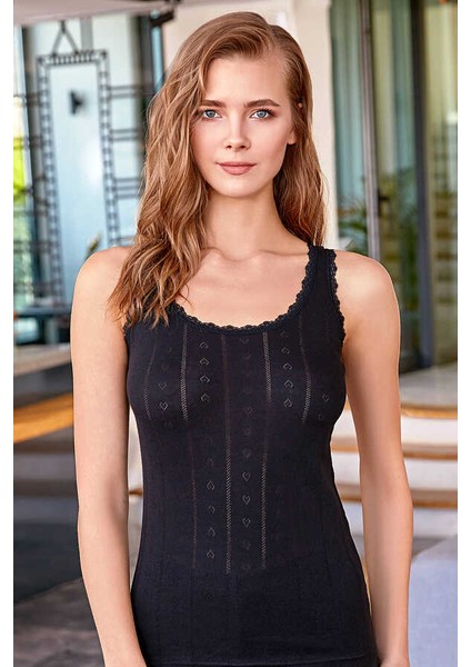 Kadın Desenli Kalın Askı Pamuklu Atlet Berrak 8049 Siyah