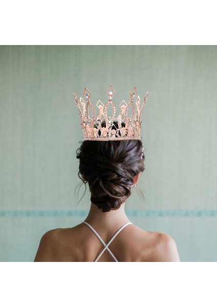 Tam Yuvarlak Taç Rhinestone Gelin Taç Kızlar Saç Aksesuarları Gül Altın modelleri