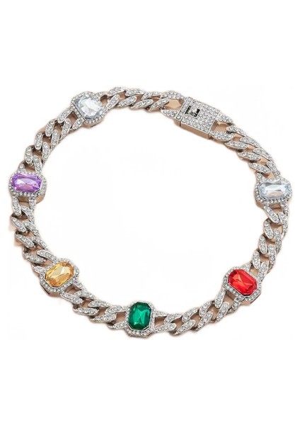 Gökkuşağı Tam Buzlu Out Rhinestone Miami Curb Küba Gerdanlık Kolye Geometrik Kare Kristal Tıknaz Kalın Yaka Kolye Takı | Zincir Kolyeler