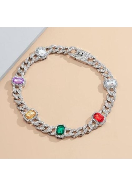 Gökkuşağı Tam Buzlu Out Rhinestone Miami Curb Küba Gerdanlık Kolye Geometrik Kare Kristal Tıknaz Kalın Yaka Kolye Takı | Zincir Kolyeler modelleri