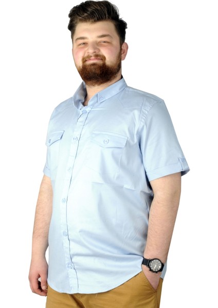 Büyük Beden Gömlek Kkol Çift Cep Kapaklı 20361 Mavi