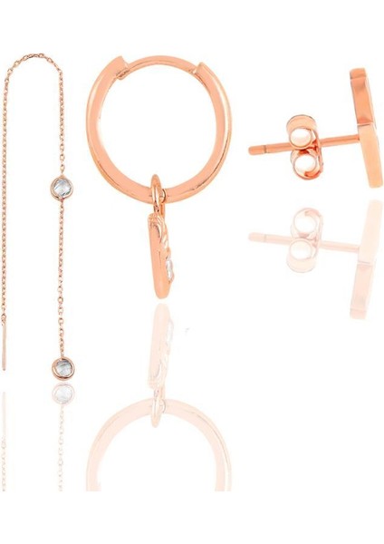 Gümüş Rose Zirkon Taşlı Kombin Üçlü Küpe Seti fiyatları
