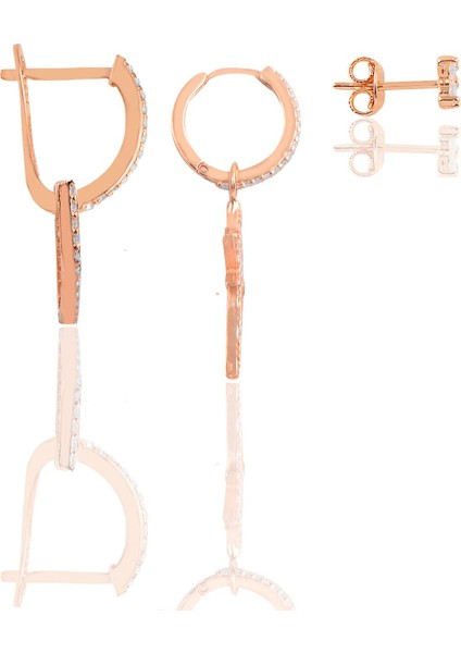 Gümüş Rose Zirkon Taşlı Kombin Üçlü Küpe Seti