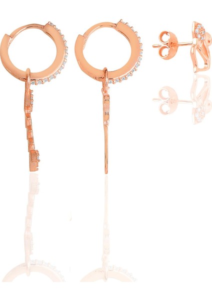 Gümüş Rose Zirkon Taşlı Balık Kombin Üçlü Küpe Seti