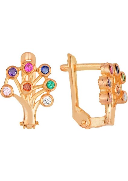 Gümüş Rose Renkli Taşlı J Model Hayat Ağacı Küpe