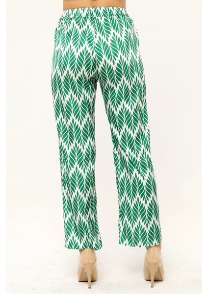 Yaprak Desenli Beli Lastikli ve Ip Detaylı Boru Paça Baskılı Saten Yeşil Kadın Pantolon modelleri