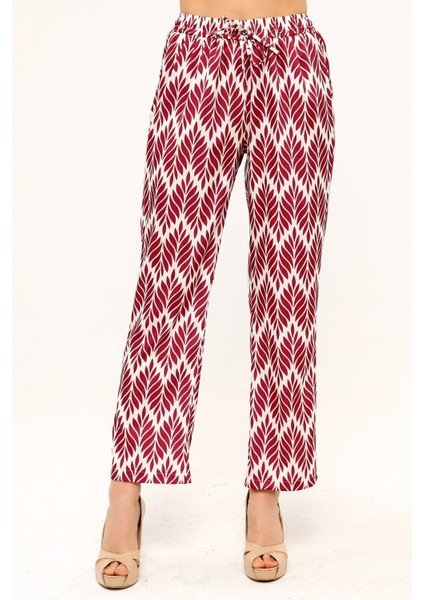 Yaprak Desenli Beli Lastikli ve Ip Detaylı Boru Paça Baskılı Saten Bordo Kadın Pantolon
