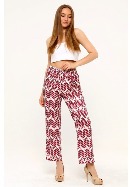 Yaprak Desenli Beli Lastikli ve Ip Detaylı Boru Paça Baskılı Saten Bordo Kadın Pantolon fiyatları