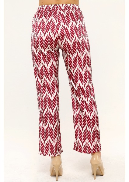 Yaprak Desenli Beli Lastikli ve Ip Detaylı Boru Paça Baskılı Saten Bordo Kadın Pantolon modelleri