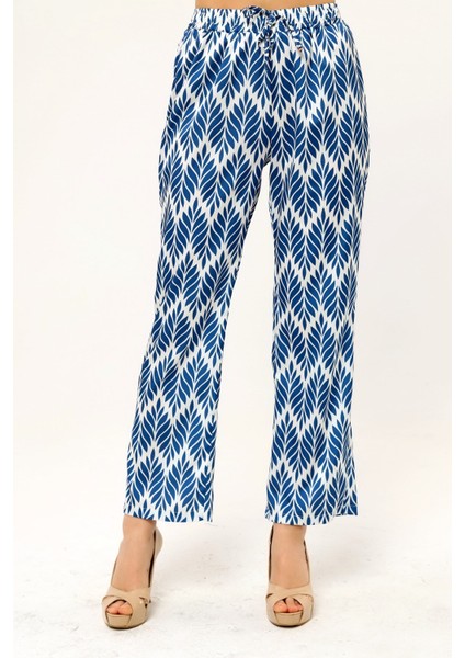 Yaprak Desenli Beli Lastikli ve Ip Detaylı Boru Paça Baskılı Saten Indigo Kadın Pantolon