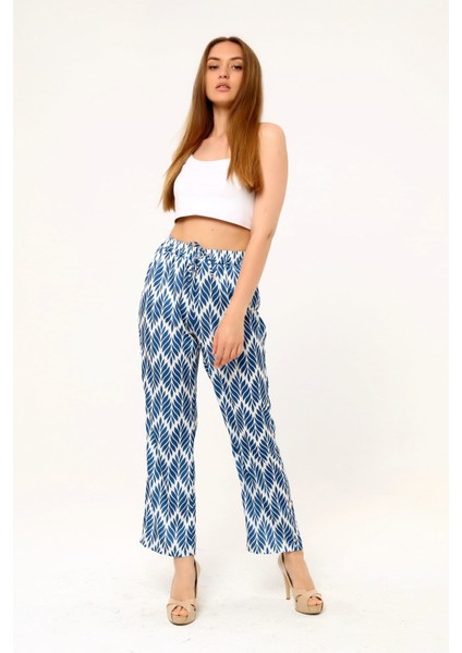 Yaprak Desenli Beli Lastikli ve Ip Detaylı Boru Paça Baskılı Saten Indigo Kadın Pantolon fiyatları