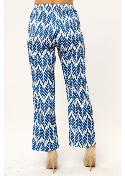 Yaprak Desenli Beli Lastikli ve Ip Detaylı Boru Paça Baskılı Saten Indigo Kadın Pantolon modelleri