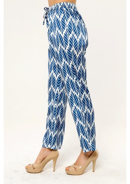 Yaprak Desenli Beli Lastikli ve Ip Detaylı Boru Paça Baskılı Saten Indigo Kadın Pantolon indirimleri