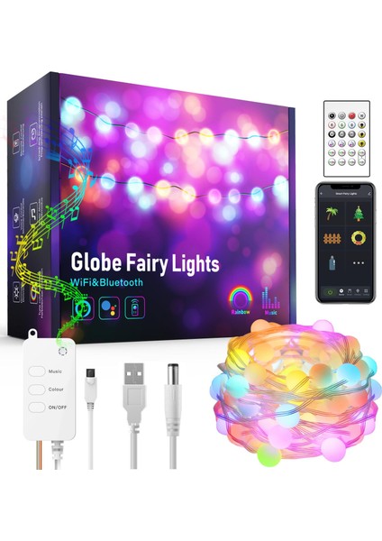 Bluetooth 10 Metre Rgb Renk Değiştiren Akıllı Küre Dizili Işıklar USB 66 LED Kumandalı