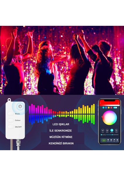 Bluetooth 10 Metre Rgb Renk Değiştiren Akıllı Küre Dizili Işıklar USB 66 LED Kumandalı