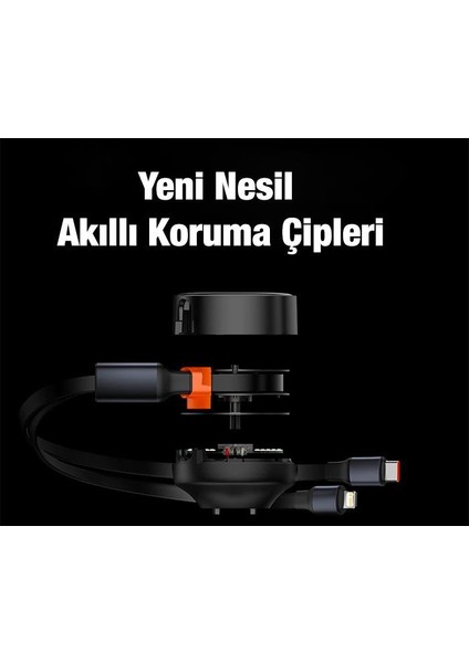 Baseus 12V-24V Makaralı Kablolu 2in1 Çakmaklık Araç Şarj Adaptörü, 1x Lightning, 1x Type C