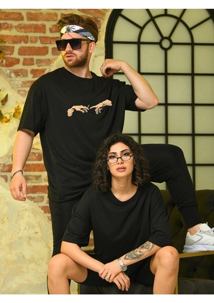 Sevgili Kombini Çift Unicex Baskılı Tişört Siyah