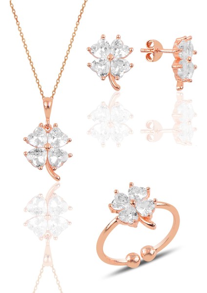 Gümüş Rose Zirkon Taşlı Yonca Kolye Küpe ve Yüzük Üçlü Set