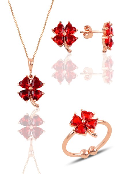 Gümüş Rose Kırmızı Taşlı Yonca Kolye Küpe ve Yüzük Üçlü Set