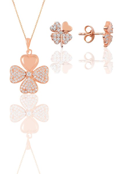 Gümüş Rose Zirkon Taşlı Yonca Kolye ve Küpe Ikili Set