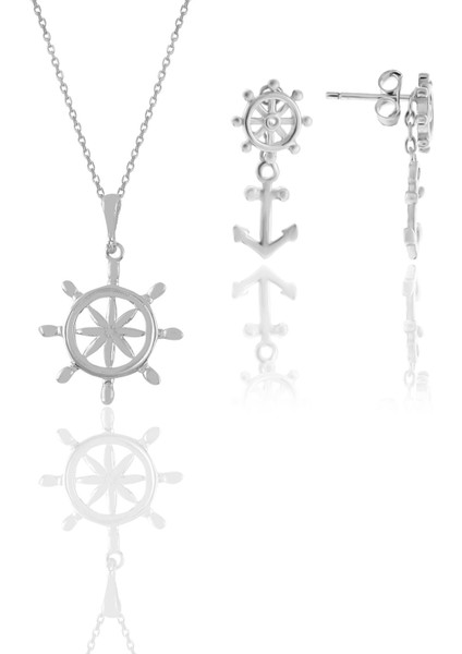 Gümüş Rodyumlu Denizci Dümeni Kolye ve Küpe Ikili Set