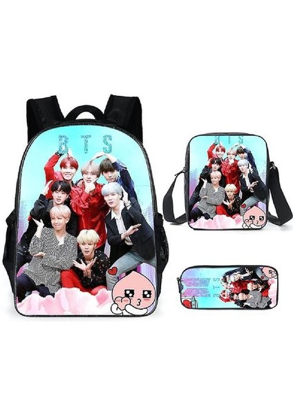 3 Adet / Takım Bts Satchel Polyester Sırt Çantası Ins Casual Okul Çantası ile Kalem Çantası Messenger Çanta (Yurt Dışından)