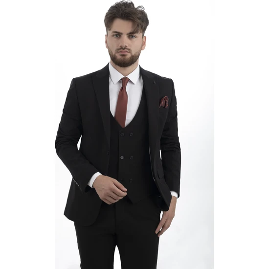 Vito Andolini Siyah Slim Fit Yelekli Erkek Takım Elbise