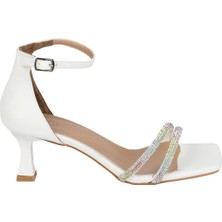 Modabuymus Beyaz Taşlı Çift Bant Topuklu Abiye Ayakkabı - Lovely