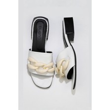 Bueno Shoes Beyaz Deri Kadın Topuklu Terlik