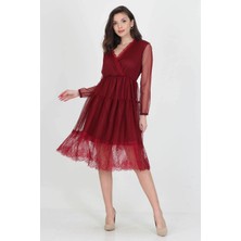 Neşeli Butik Neseli Butik Kruvaze Yaka Eteği Güpür Detaylı Yeni Sezon Elbise NB0010