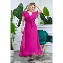 Neşeli Butik Kadın Pudra Kruvaze Yaka Bağlama Detaylı Uzun Şifon Elbise KTS001