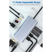 Polham 100W Multifonksiyonel 11IN1 Type-C Dönüştürücü, 3x Usb, 1x Pd Type C, 1x RJ45, 1x Hdmi,1x VGA