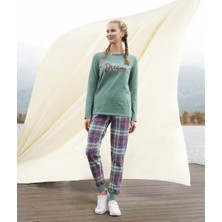 DOREANSE 4193 BAYAN UZUN KOL ALT EKOSE MANŞETLİ YEŞİL PİJAMA TAKIMI