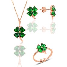 Söğütlü Silver Gümüş Rose Kök Zümrüt Taşlı Yonca Kolye Küpe ve Yüzük Üçlü Set