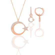Söğütlü Silver Gümüş Rose Zirkon Taşlı Ay Yıldız Kolye ve Küpe Ikili Set