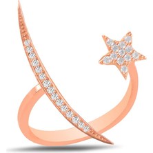 Söğütlü Silver Gümüş Rose Zirkon Taşlı Üstten Ayarlamalı Ay Yıldız Yüzük