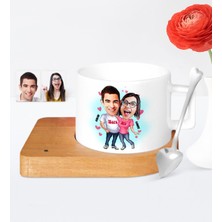 BK Kişiye Özel Sevgililer Karikatür Ahşap Altlıklı Seramik Fincan - 5