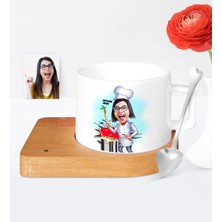BK Kişiye Özel Chef Karikatür Ahşap Altlıklı Seramik Fincan - 2