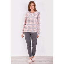 Arnetta Ekoseli Pudra Kadın Uzun Kol Pijama Takım