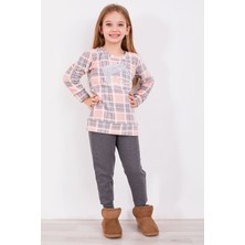 Arnetta Ekoseli Pudra Kız Çocuk Uzun Kol Pijama Takım