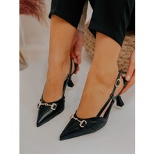 Erva'nın Butiği Kadın Siyah Deri (Moss)  Stiletto Toka Detaylı İnce Topuklu Ayakkabı 7 cm Yükseklikte Jurdan Taban