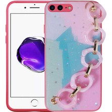 noktaks - Apple iPhone 8 Plus - Kılıf Simli Desenli El Askılı Tutacaklı Elsa Silikon Kapak - Pembe Koyu