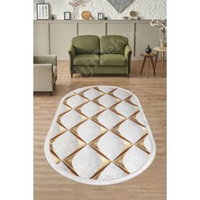 Dijidekor KY7059 Gold Saçaklı Dijital Oval Halı Kaymaz Yıkanabilir Oda Mutfak Antre Salon Halısı