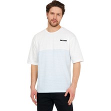 Adams Oversize Beyaz/mavi Erkek Jakarlı Bisiklet Yaka Kısa Kollu T-Shirt