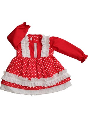 Bertuğ Bebek Beyaz Puantiyeli Kırmızı Fırfırlı Elbise