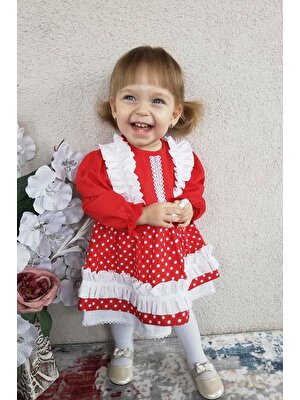 Bertuğ Bebek Beyaz Puantiyeli Kırmızı Fırfırlı Elbise