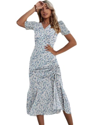 Hoturkey Kadın V Yaka Çiçek Desen Büzgü Ipli Yırtmaçlı Maxi Elbise - Açık Mavi (Yurt Dışından)