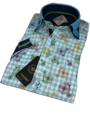 Çift Düğmeli Bisiklet Desenli Kısa Kol Çocuk Gömleği