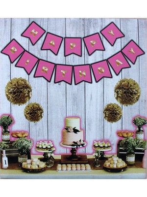 Parti Adresi Happy Bırthday Pembe Altın Yazı